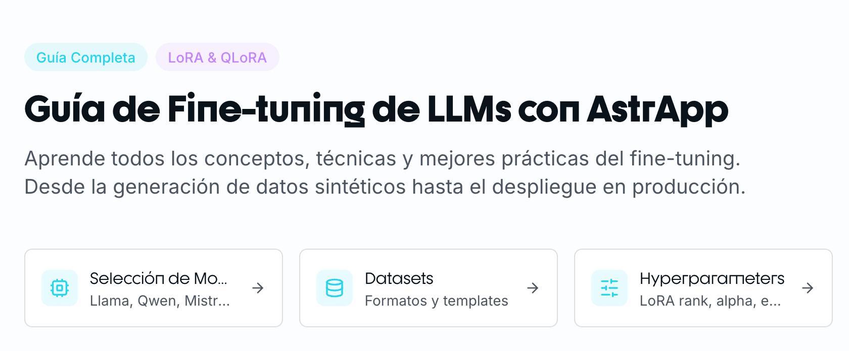 Guía de fine-tuning de LLMs de AstrApp, con los accesos a selección de modelo, datasets e hiperparámetros de LoRA